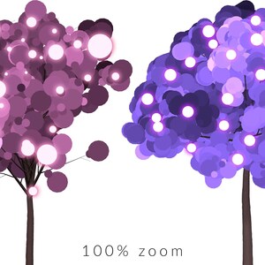 May include: Two stylized trees with glowing pink and purple circles for leaves. The trees have brown trunks and are set against a white background. The text "100% zoom" is at the bottom of the image.