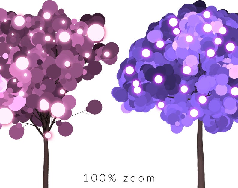 May include: Two stylized trees with glowing pink and purple circles for leaves. The trees have brown trunks and are set against a white background. The text "100% zoom" is at the bottom of the image.