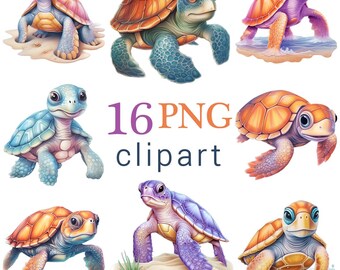 16 PNG niedliche Baby Meeresschildkröte Clipart, Meerestier Digital Download, Meeresschildkröte Dateien, kommerzielle Nutzung, Printables, transparenten Hintergrund