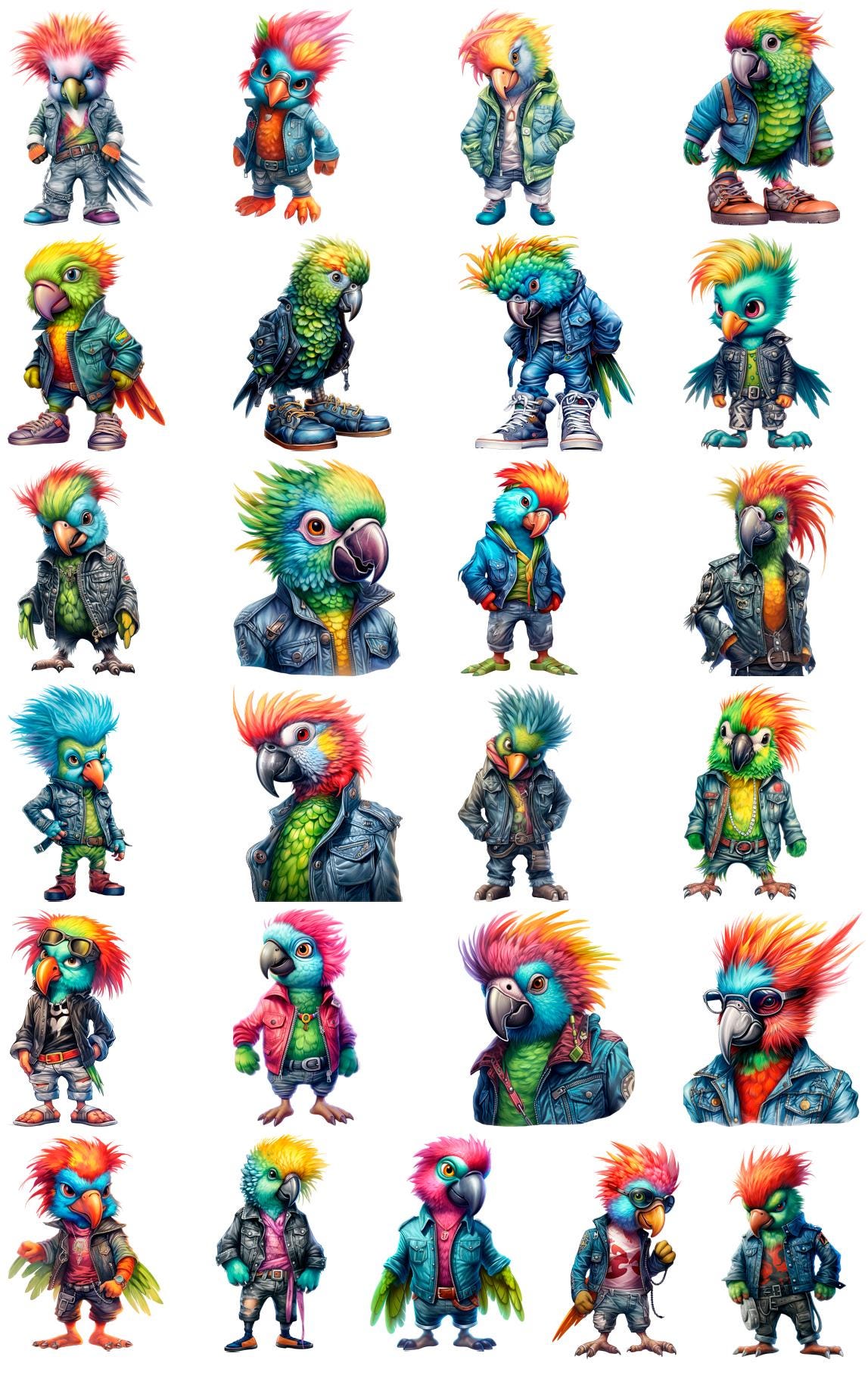 Punk Parrot Clipart: Rocker Birds in Denim (PNG Digital Download ...