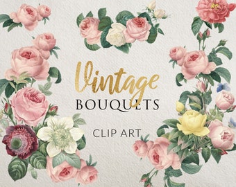 16 PNG Vintage Roses Bouquets, Floral Clip Art, Botanical Illustrations, Design elements, Instant download