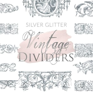 16 PNG Silver Glitter Vintage Dividers, Digital pack, Instant download, Design elements, Clipart, Text Dividers, Vintage Borders