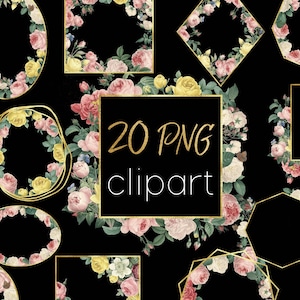 20 PNG Floral Frames, Golden Frames with Vintage Roses, Floral Clip Art, Botanical Illustration Frames, Design elements, Instant download