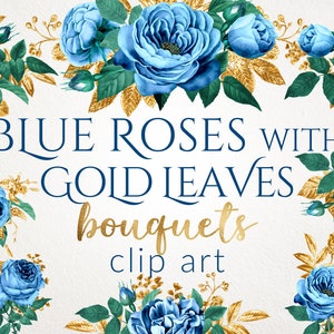 16 PNG, blauwe rozen boeketten met bladgoud, blauwe en gouden bloemen clipart, illustraties, ontwerpelementen, instant download, blauwe rozen