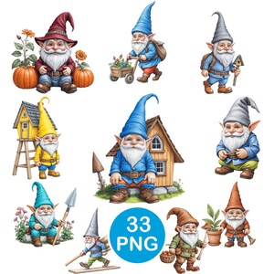 Könnte beinhalten: Eine Sammlung von neun Illustrationen von Zwergen. Die Zwerge tragen bunte Kleidung und Hüte. Einige Zwerge sind in der Nähe von Kürbissen, einer Schubkarre, einem Vogelhaus und einem kleinen Haus. Das Bild enthält den Text "33 PNG".