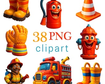 Cartoon Firefighter Clipart: Fire Truck, Tools PNG Images (Digital Download)