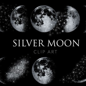 Silver Moon clipart, Instant download, ontwerpelementen, clip art maanstanden, Silver Moon-overlays
