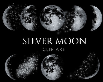 Silver Moon clipart , Instant download,  design elements, Moon Phases clip art, Silver Moon Overlays