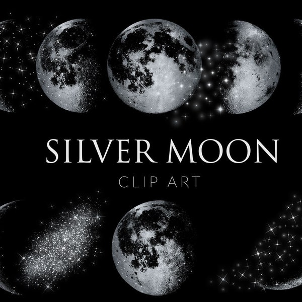 Silver Moon clipart , Instant download,  design elements, Moon Phases clip art, Silver Moon Overlays