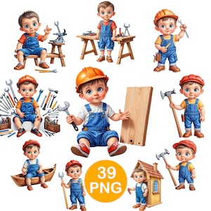 Può includere: Una collezione di 39 immagini PNG con un bambino dei cartoni animati vestito da carpentiere. Il bambino indossa un casco rosso o arancione e una tuta blu. Tiene in mano attrezzi come chiavi inglesi, martelli e assi di legno. Le immagini hanno uno sfondo bianco.