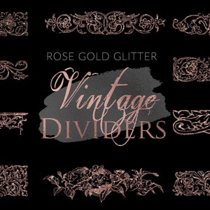 16 PNG Rose Gold Glitter Vintage Dividers, Digital pack, Instant download, Design elements, Clipart, Text Dividers, Vintage Borders