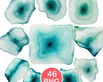 Teal Watercolor Clipart, Abstract Ink Blobs PNG, Agate Wash Shapes, Digital Download