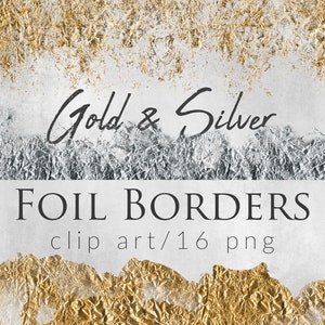 16 PNG, bordi in lamina di scaglie d'oro e d'argento, sovrapposizioni metalliche astratte, elementi di design grunge, intestazioni digitali dorate e argentate, clipart