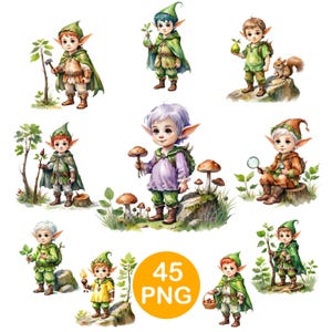 Imágenes prediseñadas de elfos, niños elfos adorables, imágenes prediseñadas de elfos del bosque, niño elfo adorable en acuarela, imágenes PNG (fondo transparente, descarga digital, imprimibles)