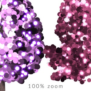 May include: Two abstract trees with pink and purple foliage. The trees are made up of many overlapping circles, creating a textured and whimsical look. The trees are set against a white background.