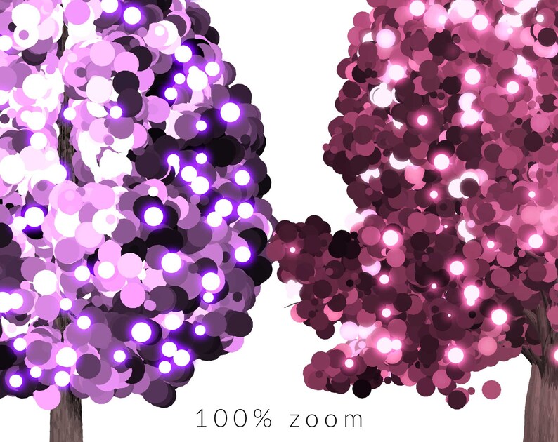 May include: Two abstract trees with pink and purple foliage. The trees are made up of many overlapping circles, creating a textured and whimsical look. The trees are set against a white background.