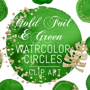 16 PNG Círculos de aquarela verde com elementos de folha de ouro, elementos de design redondos, clip art, Download instantâneo, Clipart