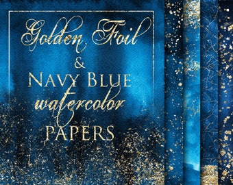 12 Navy Blue Watercolor Digital Papers with Golden Foil Finish, Instant download, Digital files, Navy Blue background, Gold Foil, Texture