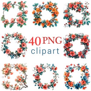 40 PNG Floral Wreaths Clipart, Flowers PNG, Botanical Frame Graphics, Floral Frames clipart, Commercial use, Transparent Background