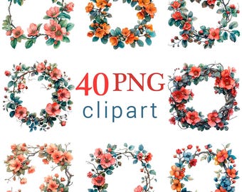 Floral Wreaths Clipart PNG Set: Botanical Frames, Commercial Use (Digital Download)