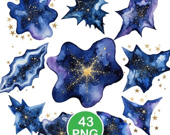 Galaxy Star Clipart, Celestial Watercolor Star PNG, Cosmic Night Sky Graphics, Digital Download