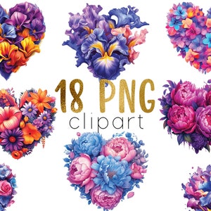 Floral Hearts PNG-clipart, Bright Flower Heart, digitale afbeelding, bloemen digitaal bestand, pioenrozen irissen rozen in een vorm van hart