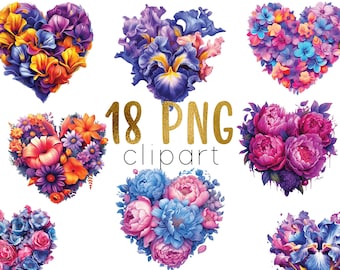 Floral Hearts PNG Clipart, Bright Flower Heart, Digital Illustration, Floral Digital File, Peonies Irises Roses in a  Shape of Heart