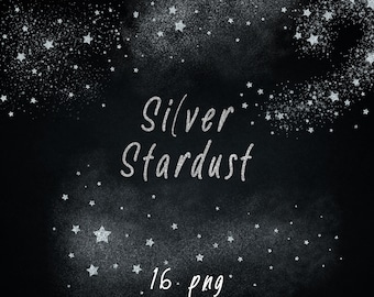 May include: A digital illustration of silver glitter stars on a black background. The text "Silver Stardust" and "16.png" are also included in the image.