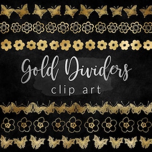 16 PNG Gold Text Dividers,  Butterflies and Flowers, Digital pack, Instant download, Design elements clip art