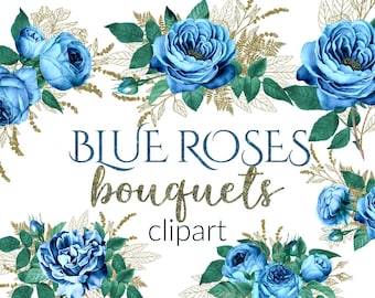 16 PNG, Mazzi di rose blu con elementi floreali dorati, Clipart floreali blu e dorati, Clip Art, Elementi di design, Download immediato, Rose blu