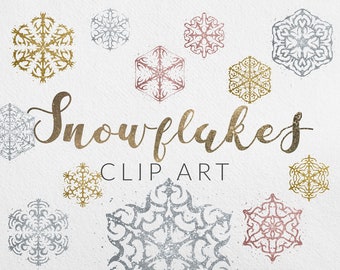 24 PNG digitala snöflingor, guld, roséguld och silver snöflingor clipart, direktnedladdning, designelement, glitter snöflingor clipart