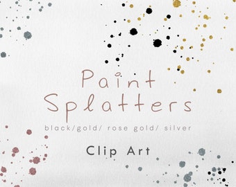 32 PNG Digital Paint Splatters, Preto, Ouro, Ouro Rosa e Prata Splatters Clip Art, Download instantâneo, Elementos de design