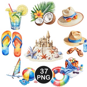 May include: Watercolor illustration of beach-themed items. Includes a cocktail, coconut, straw hats, flip-flops, a sandcastle, starfish, seashells, sandals, a beach ball, a sailboat, a beach bag, a float, sunglasses, and a water bottle. The image has the text "37 PNG".