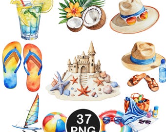 Summer Beach Clipart, Watercolor Beach PNG, Coastal Vacation Graphics, Digital Download