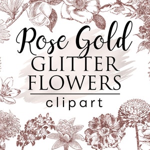 20 png-roze gouden glitterbloemen, illustraties, ontwerpelementen, bloemen clipart, gouden glitter botanische lijntekeningen, commercieel gebruik