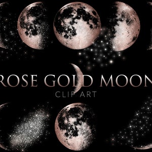 Rose Gold Moon clipart , Instant download,  design elements, Moon Phases clip art, Rose Gold Moon Overlays