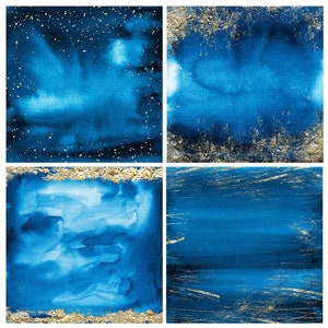 12 Navy Blue Watercolor Digital Papers With Golden Foil Finish, Instant ...