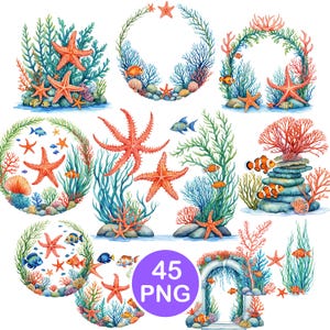May include: Watercolor illustrations of various underwater scenes featuring starfish, coral, and fish. The designs include circular wreaths, arches, and arrangements with vibrant colors. A purple circle with the text "45 PNG" is also included.