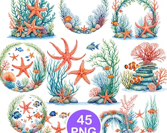 Ocean Frame Clipart, Watercolor Coral Reef PNG, Sea Life Borders, Digital Download