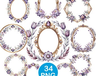 Floral Frame Clipart, Purple Watercolor Floral Frame PNG, Gold Border Graphics, Digital Download