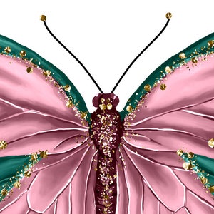 May include: A pink and green butterfly with gold glitter accents. The butterfly's wings are detailed with intricate patterns and have a soft, watercolor-like effect.