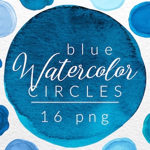 16 Círculos de aquarela digital, elementos de design redondos, clip art, Banner de aquarela azul, Logotipo, Download instantâneo