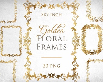 20 Golden Floral Frames, Clip Art, Digital pack, Instant download, Design elements