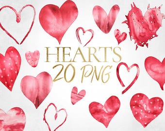 Red Watercolor Hearts, 20 PNG, Hearts - Clipart, Digital Illustration, Digital Files, Different Shapes of Hearts