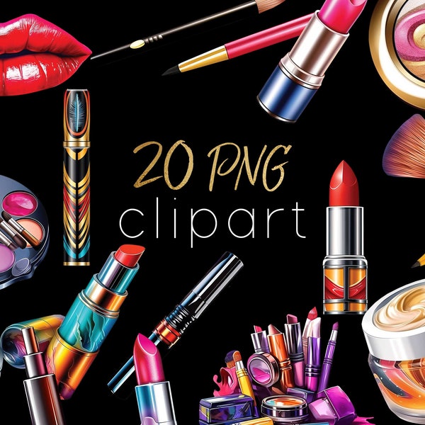 Cosmetics Clip Art, Digital Beauty Graphics, Makeup Set PNG files,  lipsticks, brushes, eyeshadows, mascara, creme. For commercial use.