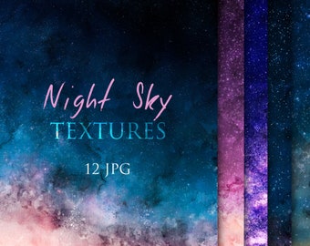 12 Night Sky Watercolor Backgrounds, Instant download, Digital files, Paper pack, Starry Sky papers, Watercolor texture