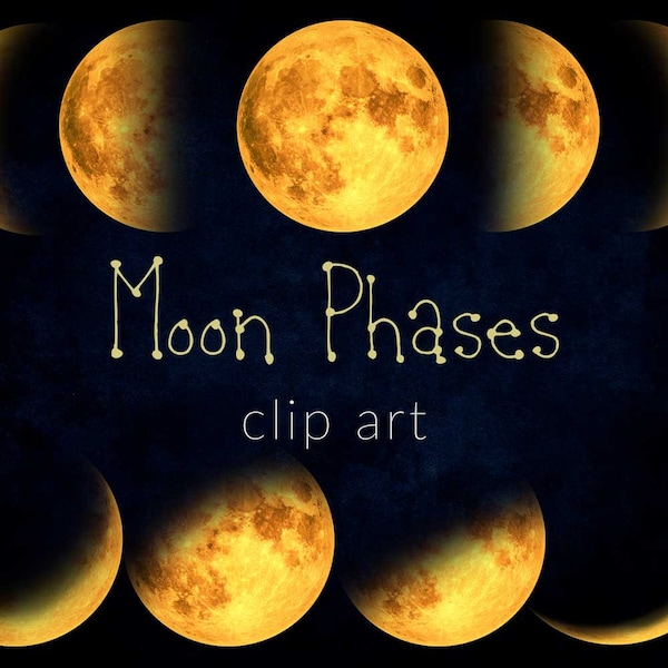 15 PNG Digital Yellow Moon, Instant download,  design elements, Moon Phases clip art, Moon Overlays