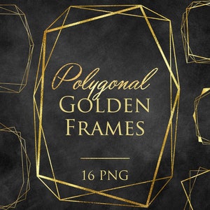 16 Golden Polygonal Frames, Clip Art, Digital pack, Instant download, Design elements Logo elements