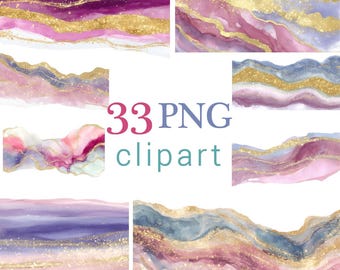 Abstract Watercolor Borders Clipart: Gold Glitter & Pastel Pink Purple PNG Images (Transparent bg, Digital Download, Printables for Crafts)