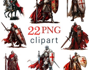 May include: Digital illustrations of medieval knights in full armor, wielding swords and shields. Some knights are on horseback, and all are depicted with red capes. The text "22 PNG clipart" is also included.